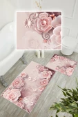 Dijital Baskı Gül Desen Kaymaz Taban 2li Set Banyo Paspası Klozet Takımı (50x60cm-60x100cm) Pembe Tek Ebat thumbnail 3