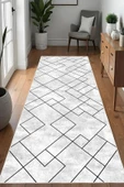 Dijital Baskılı Dekoratif Kaymaz Taban Yıkanabilir Geometrik Yolluk Antre Hol Halısı Salon Halısı 60 x 250 cm Gri - 1