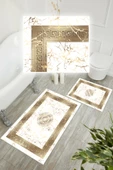Dijital Baskı Mermer Desen Kaymaz Taban 2li Set Banyo Paspası Klozet Takımı (50x60cm-60x100cm) Gold Tek Ebat - 3