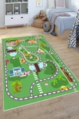 Dijital Baskılı Dekoratif Kaymaz Taban Yıkanabilir Trafik Parkı Temalı Modern Çocuk Halısı 60x400 cm Yeşil thumbnail 1