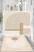 Dijital Baskılı Dekoratif Kaymaz Taban Yıkanabilir Modern Yolluk Antre Hol Halısı Salon Halısı 200 x 400 cm Krem - 3