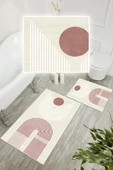 Dijital Baskı Modern Kaymaz Taban 2li Set Banyo Paspası Klozet Takımı (50x60cm-60x100cm) Pembe Tek Ebat thumbnail 3