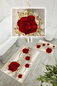 Dijital Baskı Gül Desen Kaymaz Taban 2li Set Banyo Paspası Klozet Takımı (50x60cm-60x100cm) Krem Tek Ebat thumbnail 3