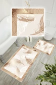 Dijital Baskı Tüy Desen Kaymaz Taban 2li Set Banyo Paspası Klozet Takımı (50x60cm-60x100cm) Krem Tek Ebat thumbnail 2