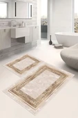Dijital Baskı Çerçeveli Kaymaz Taban 2li Set Banyo Paspası Klozet Takımı (50x60cm-60x100cm) Krem Tek Ebat thumbnail 1