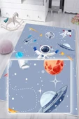 Dijital Baskılı Dekoratif Kaymaz Taban Yıkanabilir Uzay Temalı Modern Çocuk Halısı 120x180 cm Gri thumbnail 4