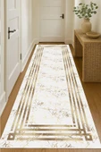 Dijital Baskılı Dekoratif Kaymaz Taban Yıkanabilir Çerceveli Yolluk Antre Hol Halısı Salon Halısı 160 x 200 cm Gold - 1