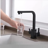 SİYAH KARE ARITMALI MUTFAK EVİYE BATARYASI 3 YOLLU L BORU LÜX SU TASARUFLU MUSLUK GARANTİLİ thumbnail 3