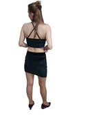 2'li Siyah Düz Kadife Yüksek Bel Asimetrik Kesim Mini Etek Çapraz Askılı Crop - 3