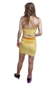 2'li Hardal Renk Düz Kadife Yüksek Bel Asimetrik Kesim Mini Etek Çapraz Askılı Crop - 3