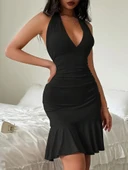 Kadın Sıfır Kol Derin V Yakalı Bağcıklı Sırt Dekolteli Etek Fırfır Detaylı Sandy Elbise thumbnail 3