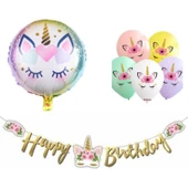 Parti Sürprizi Çiçekli Unicorn Happy Birthday Balonlu Set - 1