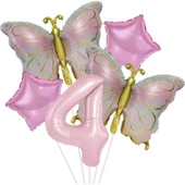Parti Sürprizi Gold Kelebekli Pembe 4 Yaş Rakam Balon Set thumbnail 1