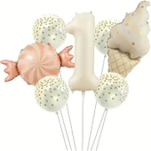 Parti Sürprizi Retro Dondurma Şeker 1 Yaş Folyo Balon Set thumbnail 1