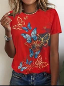 Kadın Kısa Kollu Mavi Sarı Kelebek Baskı Süprem Bluz thumbnail 3