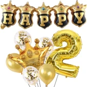 Parti Sürprizi Happy Yazılı Gold Konfetili 2 Yaş Rakam Balon Set thumbnail 1