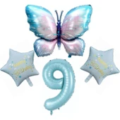 Parti Sürprizi Mavi Kelebekli Happy Birthday 9 Yaş Folyo Balon Set thumbnail 1