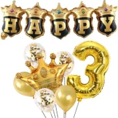 Parti Sürprizi Happy Yazılı Gold Konfetili 3 Yaş Rakam Balon Set thumbnail 1