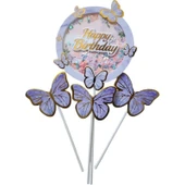 Parti Sürprizi Mor Gold Kelebek Happy Birthday Pasta Kürdan Set - 1