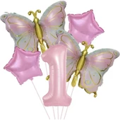 Parti Sürprizi Gold Kelebekli Pembe 1 Yaş Rakam Balon Set thumbnail 1