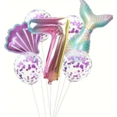 Parti Sürprizi Deniz Kızı Kuyruğu Mor Konfetili 7 Yaş Folyo Balon Set thumbnail 1