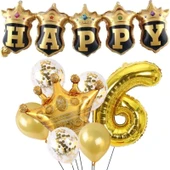 Parti Sürprizi Happy Yazılı Gold Konfetili 6 Yaş Rakam Balon Set thumbnail 1