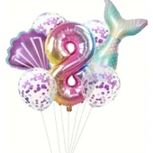 Parti Sürprizi Deniz Kızı Kuyruğu Mor Konfetili 8 Yaş Folyo Balon Set thumbnail 1