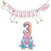 Parti Sürprizi Şekilli Unicorn 3 Yaş Iyi Ki Doğdun Gökkuşağı Balonlu Set - 1