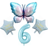 Parti Sürprizi Mavi Kelebekli Happy Birthday 6 Yaş Folyo Balon Set thumbnail 1