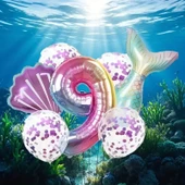 Parti Sürprizi Deniz Kızı Kuyruğu Mor Konfetili 9 Yaş Folyo Balon Set thumbnail 2