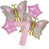 Parti Sürprizi Gold Kelebekli Pembe 7 Yaş Rakam Balon Set thumbnail 1