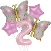 Parti Sürprizi Gold Kelebekli Pembe 2 Yaş Rakam Balon Set - 1
