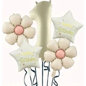 Parti Sürprizi Krem Papatya 1 Yaş Happy Birthday Yıldız Rakam Folyo Balon Set - 1