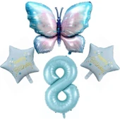 Parti Sürprizi Mavi Kelebekli Happy Birthday 8 Yaş Folyo Balon Set thumbnail 1