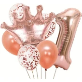 Parti Sürprizi Rose Gold Taçlı 1 Rakam Balon Set thumbnail 1