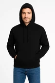 Erkek Üç İplik Kapüşonlu Kanguru Cepli SweatShirt hoodie - Siyah thumbnail 2