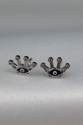 Taç Model Nazar Boncuklu 925 Ayar Gümüş Küpe - 2