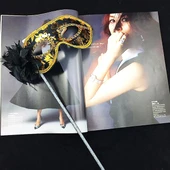 Lüks Taşlı Saplı Maskeli Balo Maskesi Siyah Renk 35 cm - 1