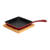 Lava Döküm Mini Kare Izgara Tava Kayın Ahşap Altlıklı Döküm Demir Yekpare Saplı Ölçü 16x16cm.-Bordo - 1