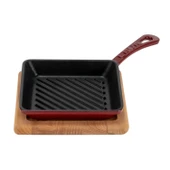 Lava Döküm Mini Kare Izgara Tava Kayın Ahşap Altlıklı Döküm Demir Yekpare Saplı Ölçü 16x16cm.-Bordo - 2