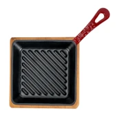 Lava Döküm Mini Kare Izgara Tava Kayın Ahşap Altlıklı Döküm Demir Yekpare Saplı Ölçü 16x16cm.-Bordo - 3