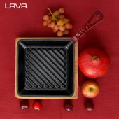 Lava Döküm Mini Kare Izgara Tava Kayın Ahşap Altlıklı Döküm Demir Yekpare Saplı Ölçü 16x16cm.-Bordo - 7
