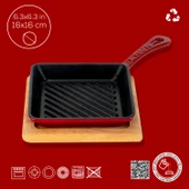 Lava Döküm Mini Kare Izgara Tava Kayın Ahşap Altlıklı Döküm Demir Yekpare Saplı Ölçü 16x16cm.-Bordo - 4