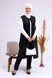 Kadin Buyuk Beden Transparan Taşlı Uzun Yelek - 1