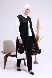 Kadin Buyuk Beden Transparan Taşlı Uzun Yelek - 4