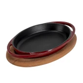 Lava Döküm Oval Sahan Döküm Demir Yekpare Çift Kulplu Kayın Servis Ahşabı Ölçü 21x14cm.-Bordo thumbnail 2