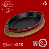 Lava Döküm Oval Sahan Döküm Demir Yekpare Çift Kulplu Kayın Servis Ahşabı Ölçü 21x14cm.-Bordo thumbnail 4