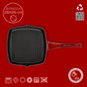 Lava Döküm Kare Izgara Tava Döküm Demir Yekpare Saplı. Ölçü 26x26cm.-Bordo - 4