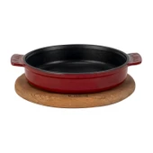 Lava Döküm Yuvarlak Güveç Kabı Döküm Demir Yekpare Çift Kulplu Kayın Servis Ahşabı Çap(Ø)17cm.-Bordo - 1
