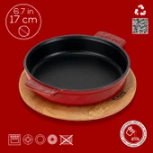 Lava Döküm Yuvarlak Güveç Kabı Döküm Demir Yekpare Çift Kulplu Kayın Servis Ahşabı Çap(Ø)17cm.-Bordo - 4